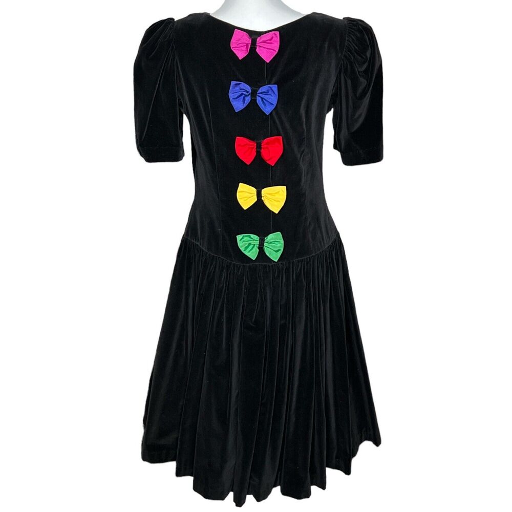 Vintage Black Velvet 80s Drop Waist Back Rainbow Bows Whimsygoth Dress 11/12 S - Picture 3 of 8